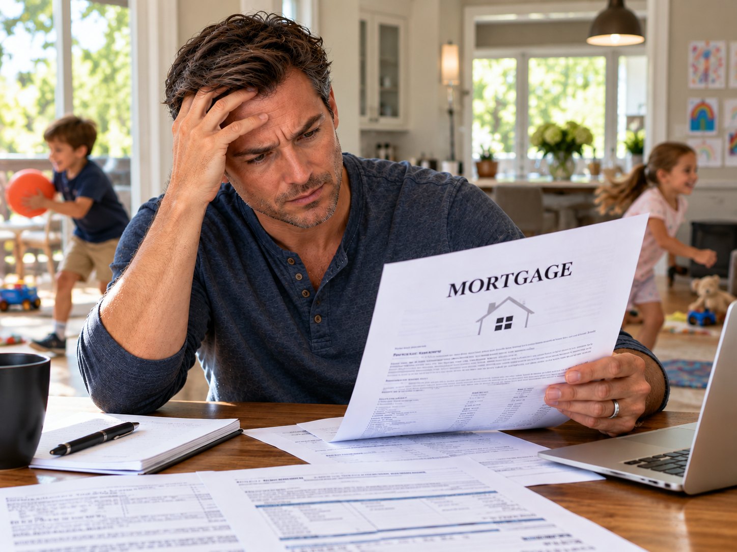 Homeowner at the kitchen table reviewing mortgage paperwork while his children play in the background